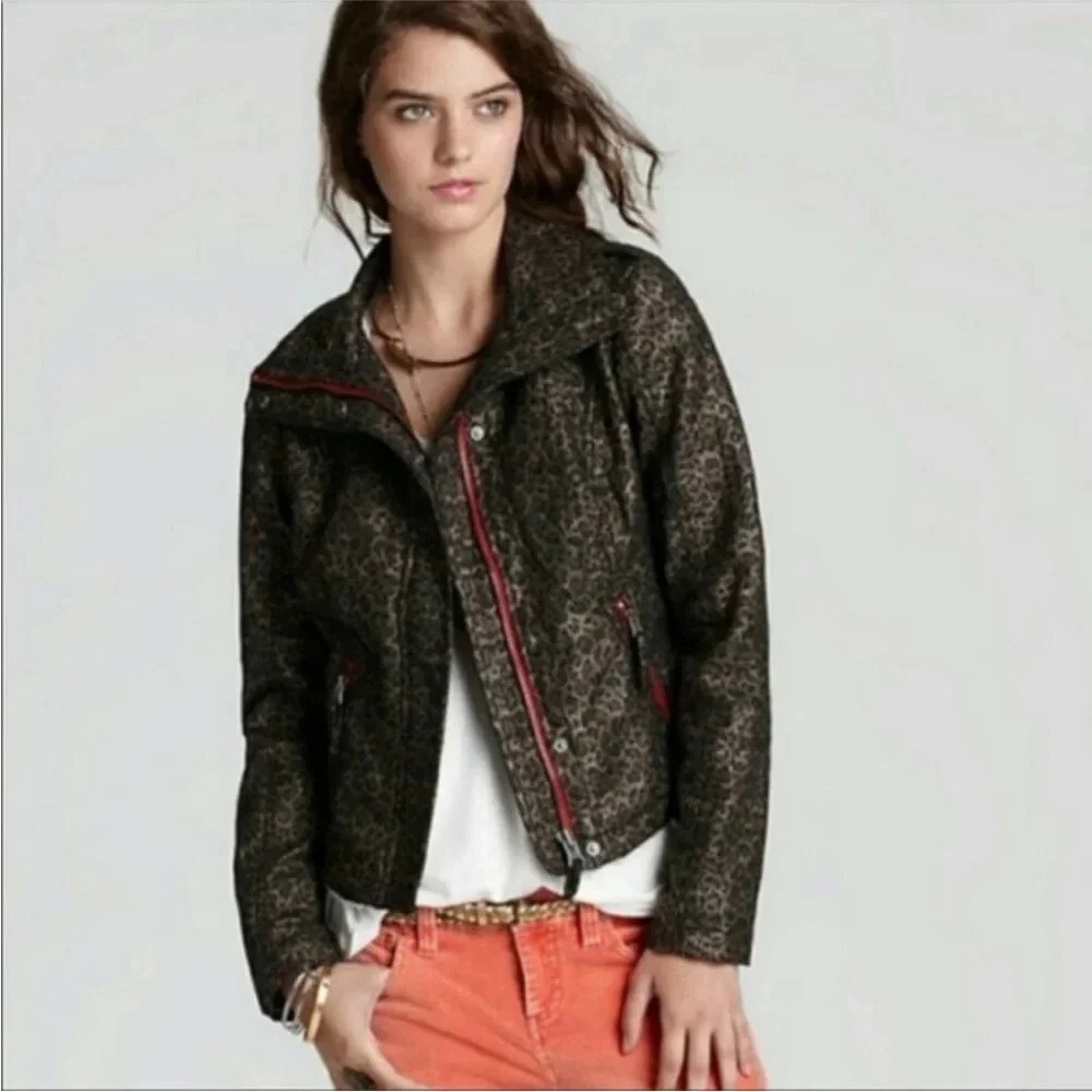 Free People Black Leopard Print Moto Jacket with Red Trim